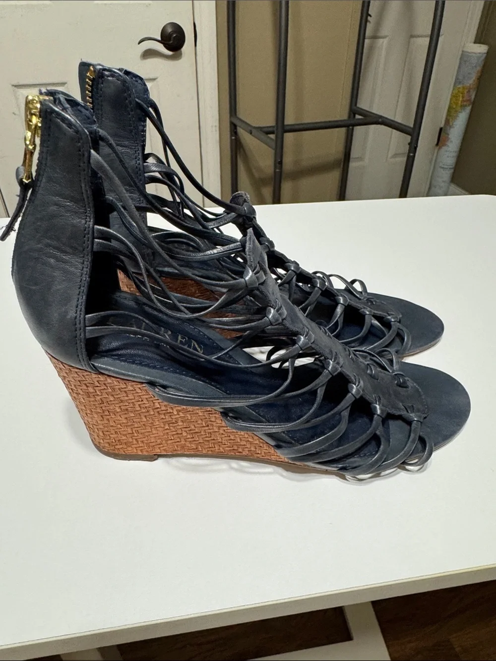 Lauren Ralph Lauren Navy Leather Lace-Up Wedge Sandals with Brown Woven Heel